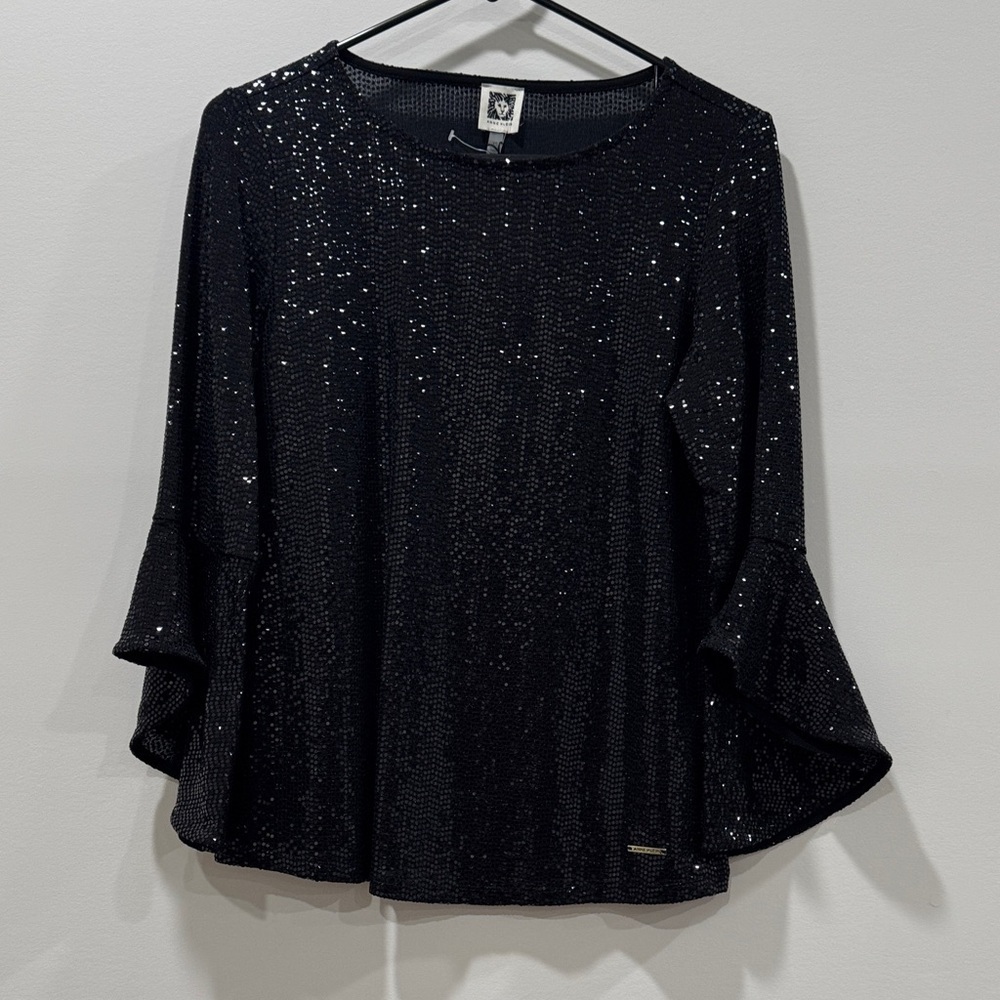 Anne Klein Black Sequin Blouse With Flounce Sleeve